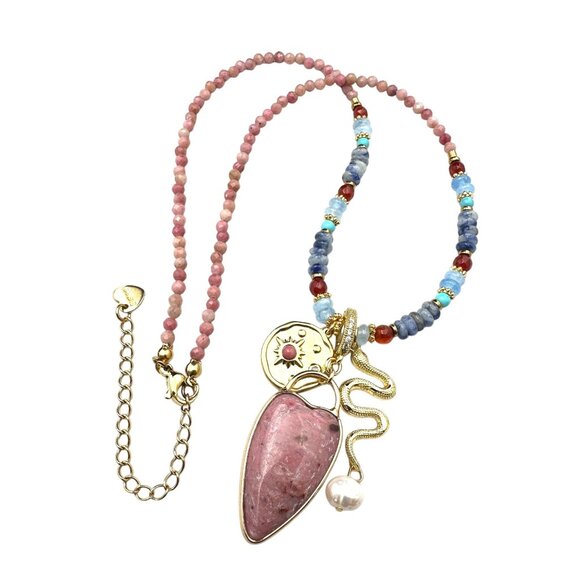 Pink Multi Gemstone Snake Heart Pendant Necklace 18K Gold Plated 16 to 18 Inch - Picture 1 of 5